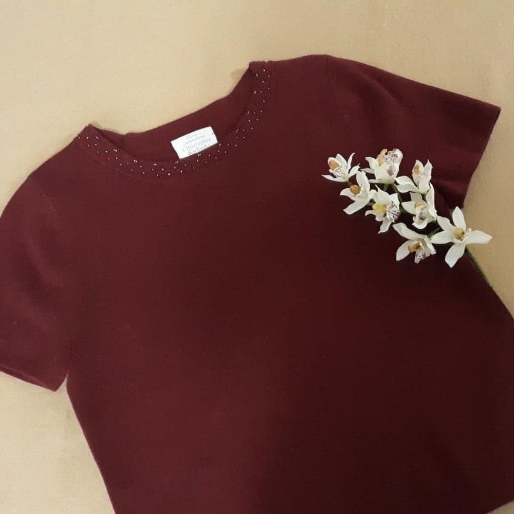Short sleeved beaded sweater top